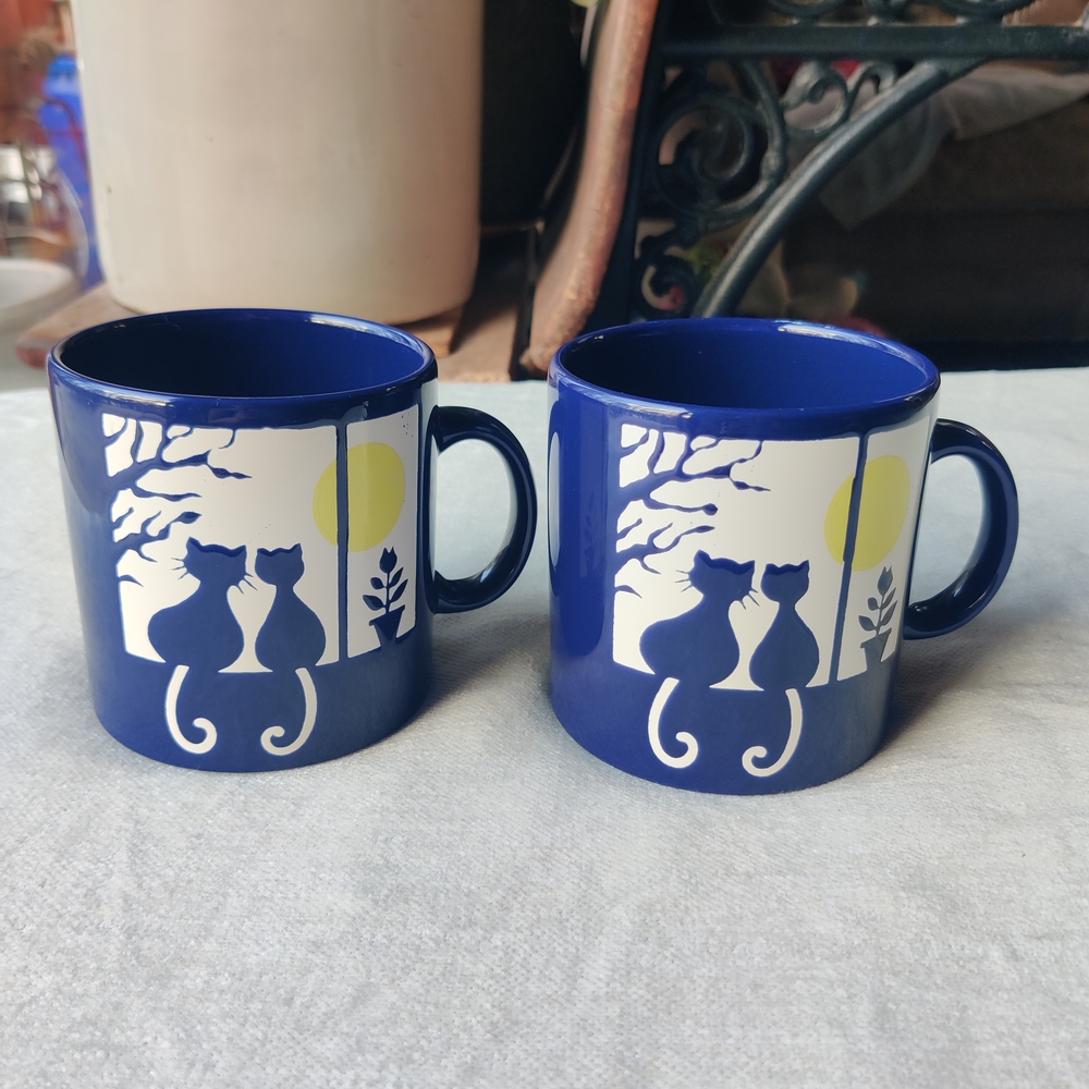 Waechtersbach Cat Mug XL 20 Oz Spain Cobalt Blue Moon Window Set of 2 Vintage